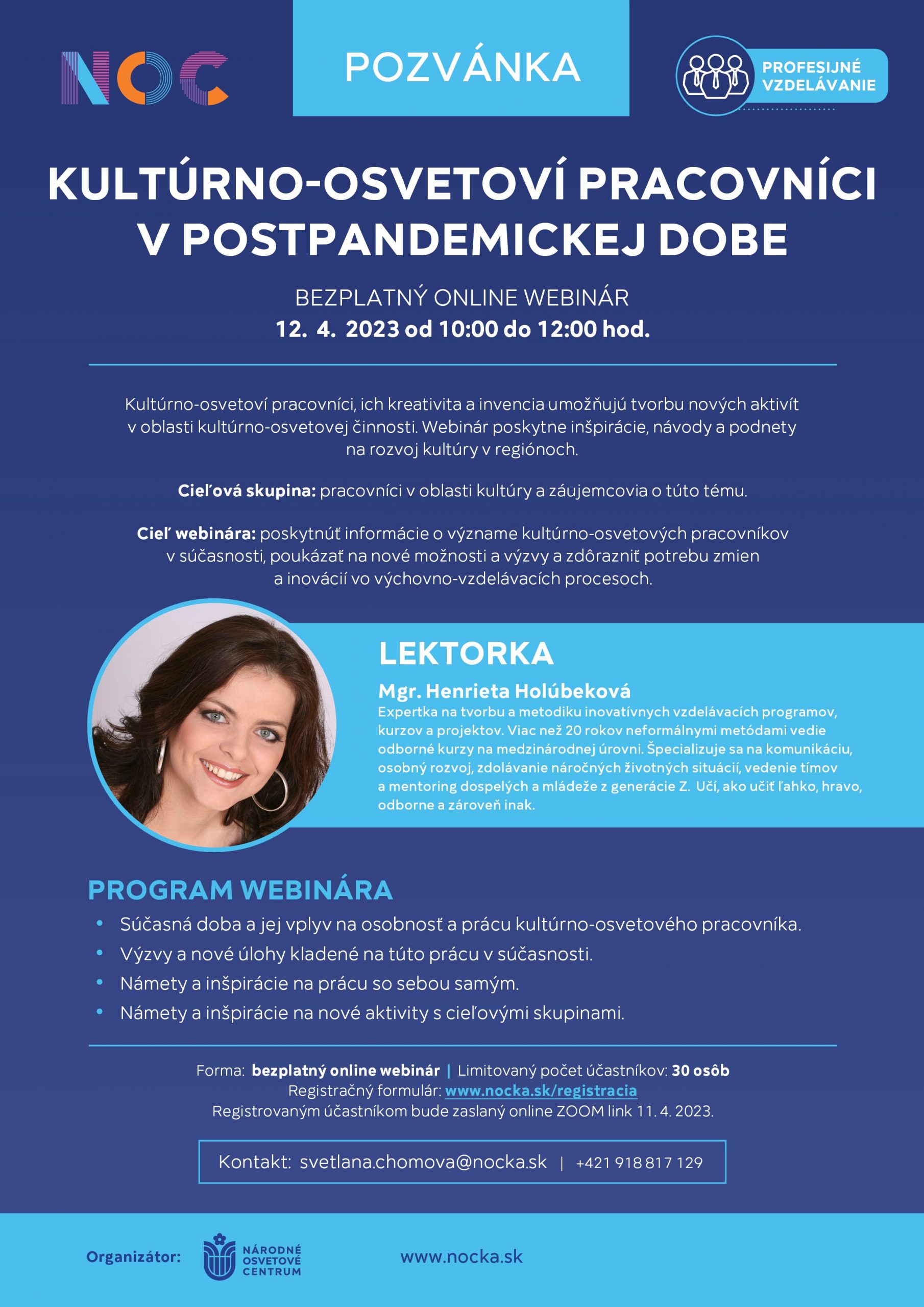 pozvánkla na Online webinár Kultúrno-osvetoví pracovníci v postpandemickej dobe 12.4.2023